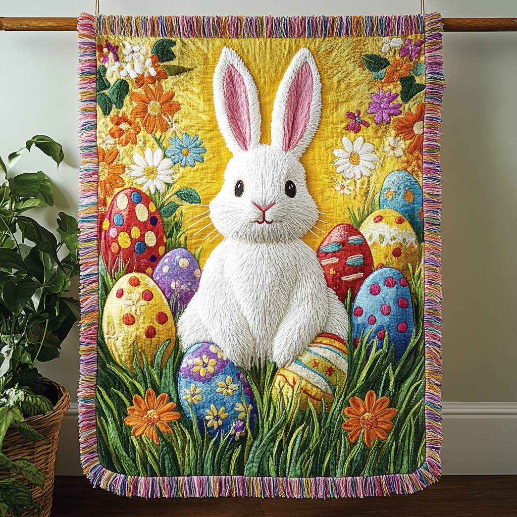 Vevd pledd - Glad påskehare med blomster