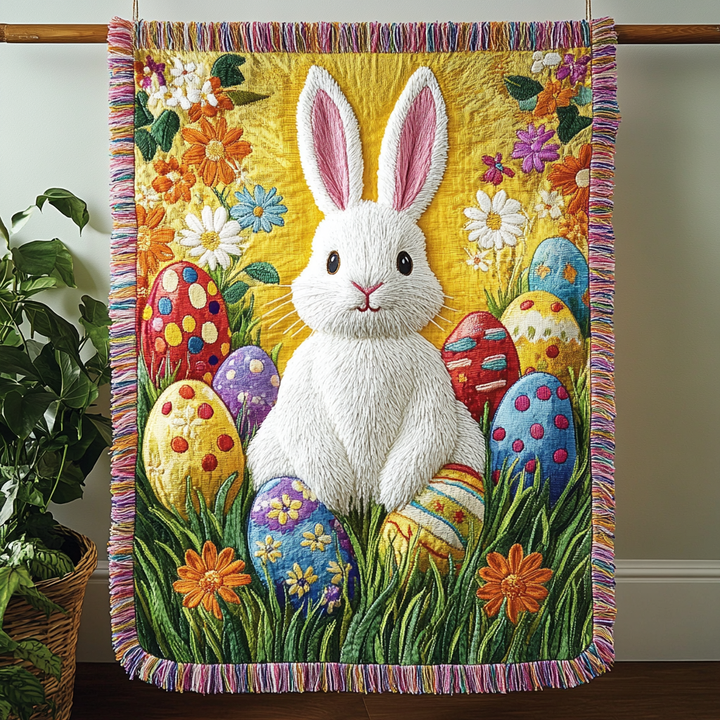 Vevd pledd - Glad påskehare med blomster