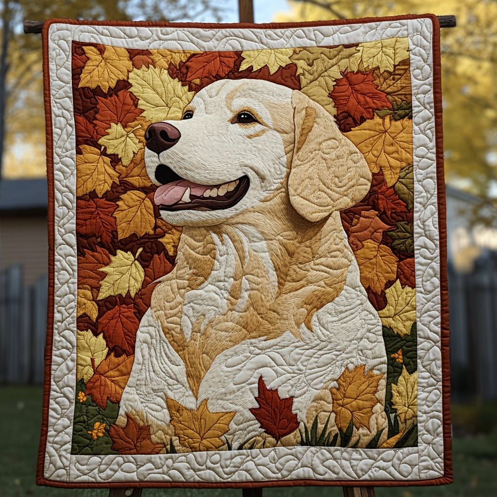 Veggteppe - Golden retriever i høstløv