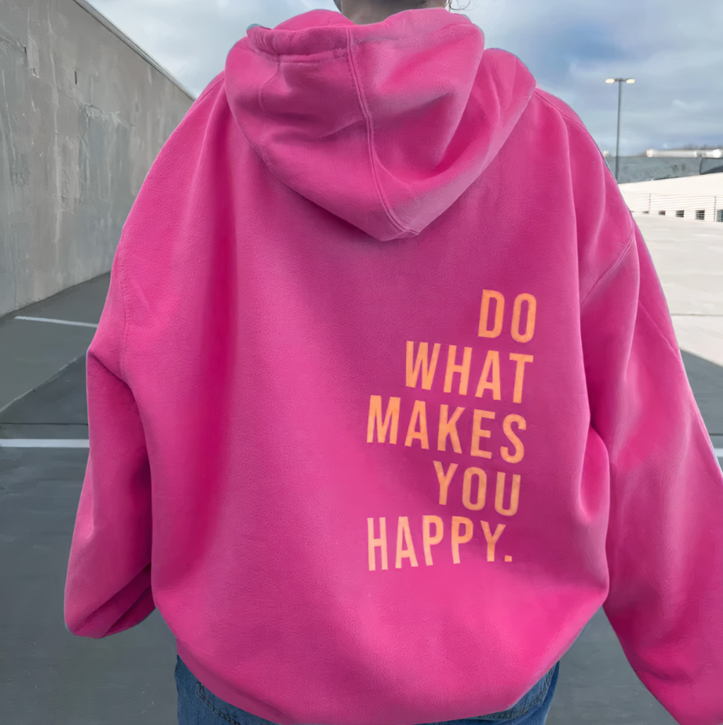 Hettegenser med bokstavtrykk for dame – avslappet hoodie i rosa, blå og svart