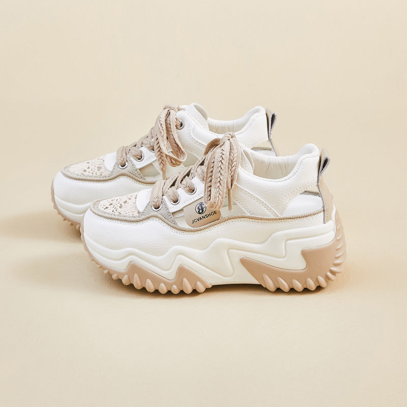 Plattform sneakers med tykk vulkanisert såle for dame – beige og grå
