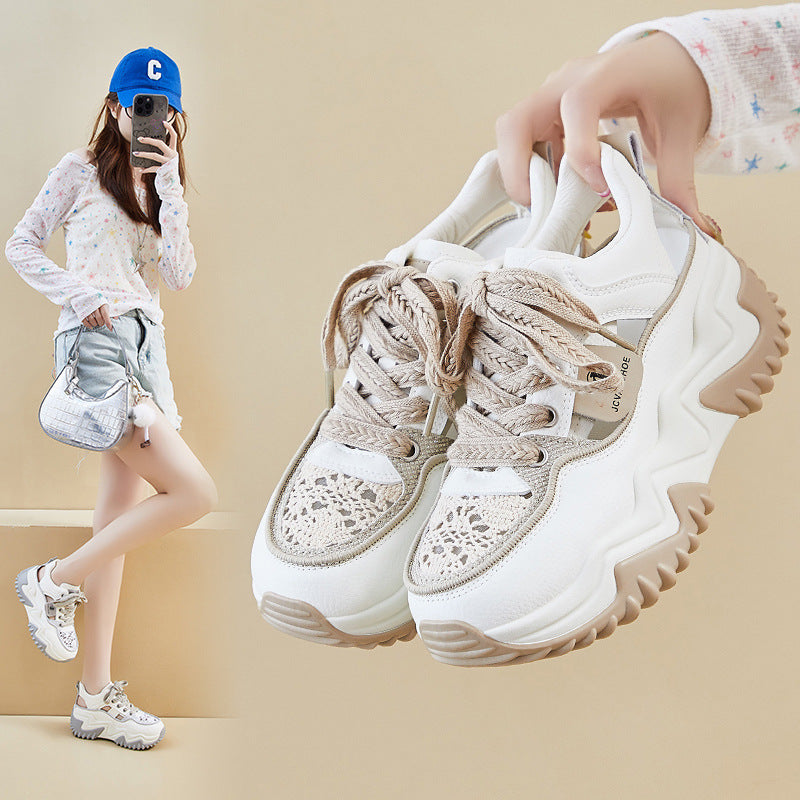 Plattform sneakers med tykk vulkanisert såle for dame – beige og grå