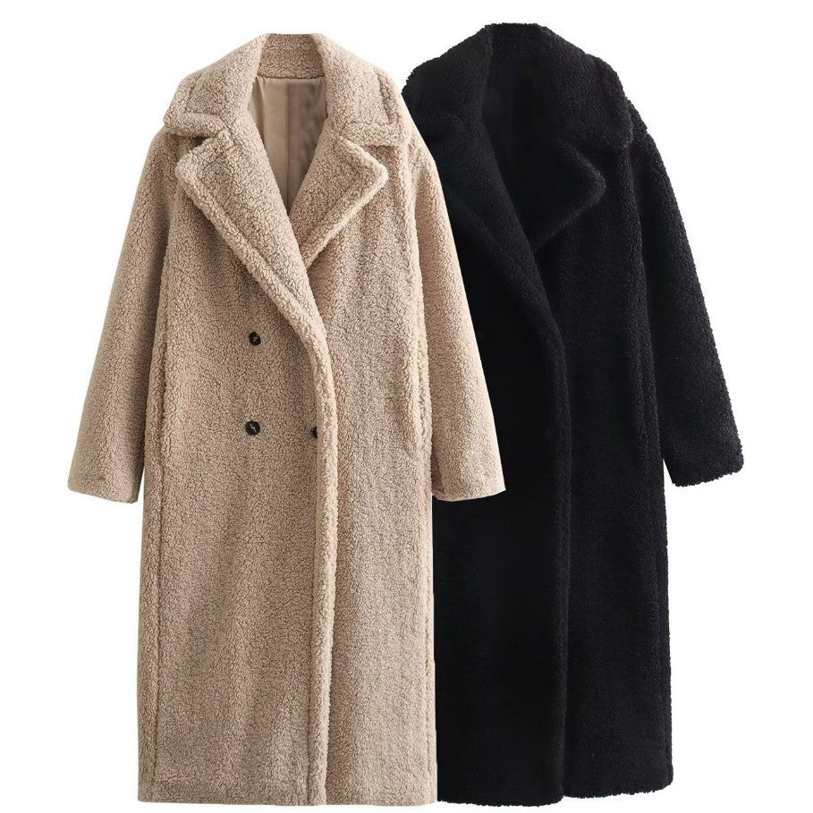 Lang oversized teddykåpe med dobbeltspent lukking og slag for dame