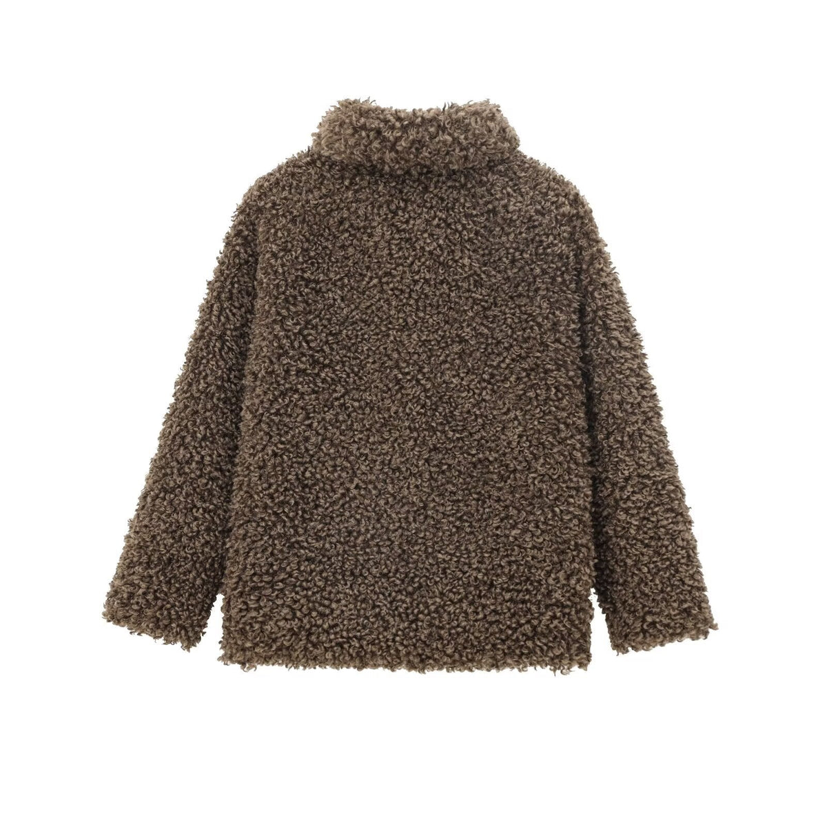 Hoftelang teddyjakke med slag for dame – myk og oversized, mørkebrun