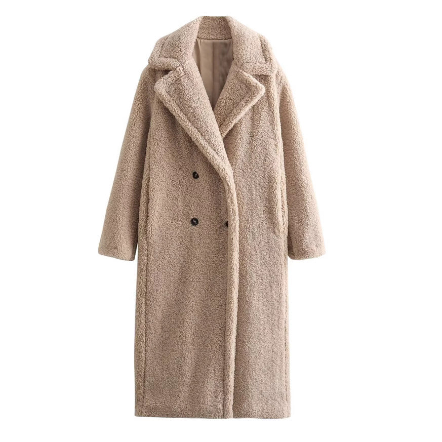 Lang oversized teddykåpe med dobbeltspent lukking og slag for dame
