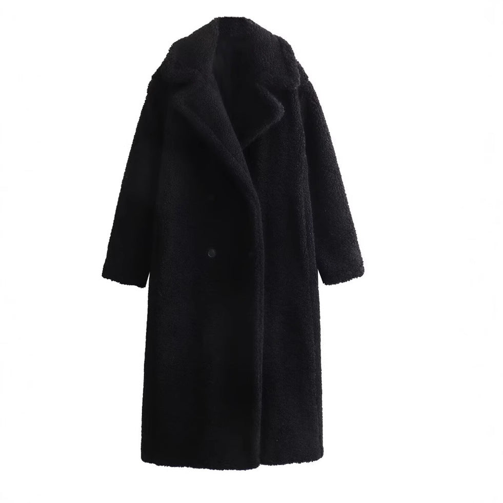 Lang oversized teddykåpe med dobbeltspent lukking og slag for dame