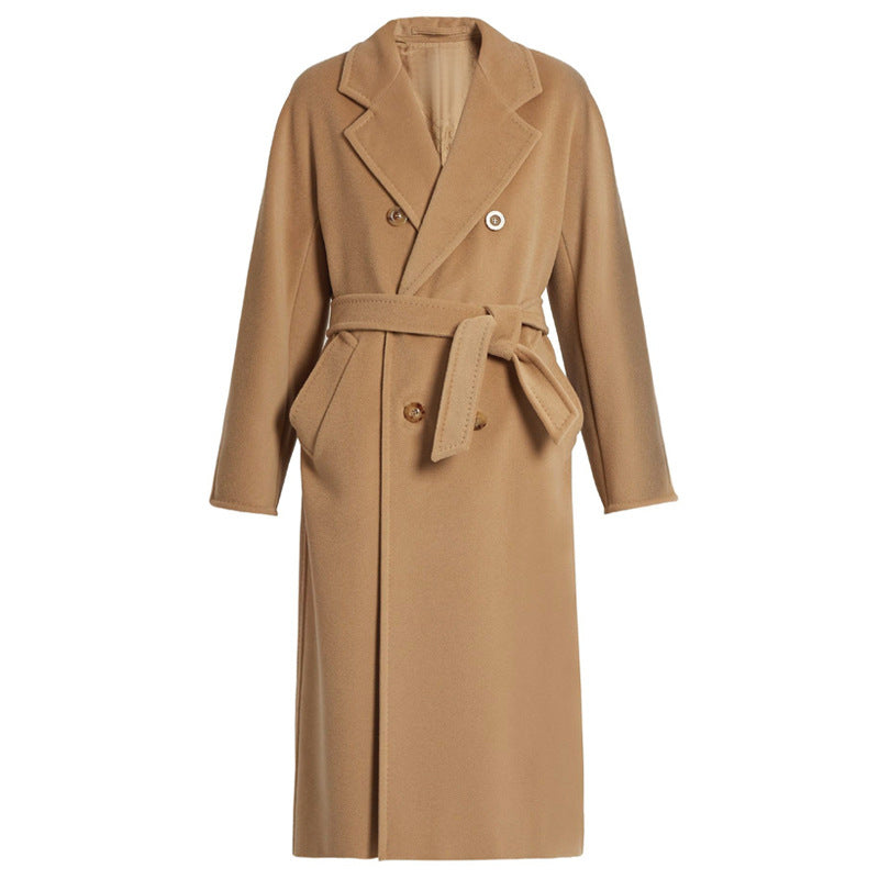 Elegant dobbeltspent kåpe med slag for dame – i ullblanding, svart og beige