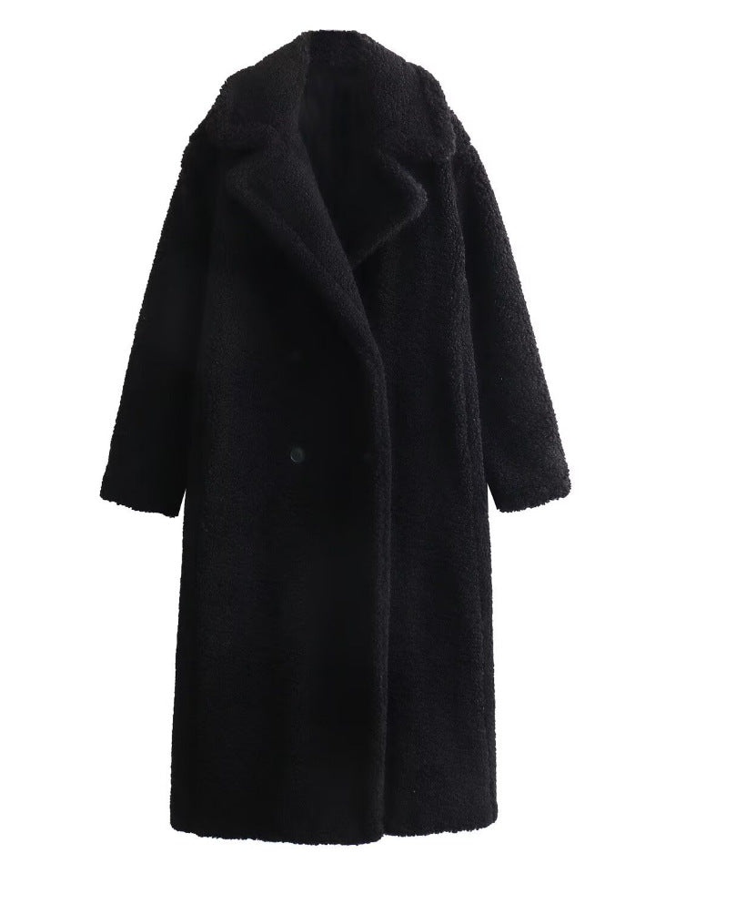 Lang oversized teddykåpe med dobbeltspent lukking og slag for dame