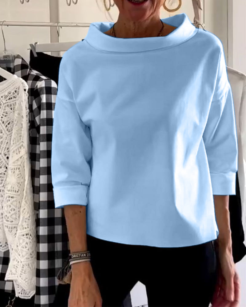 Bluse med nedbrettet krage og 3/4-ermer for dame – i bomull og polyester