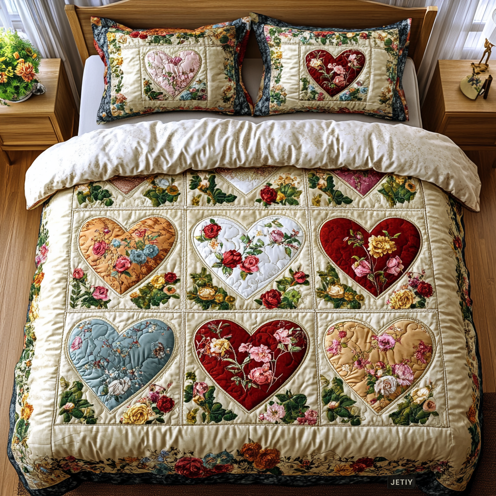 Sengesett 3 deler - Hjerter i patchwork