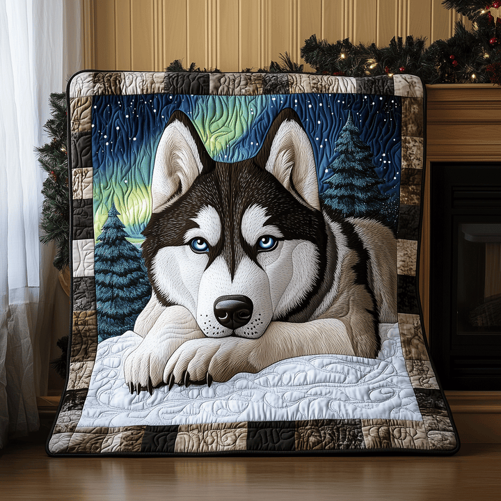Quiltet pledd - Husky i vinterskogen