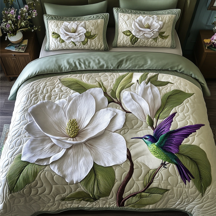 Sengesett 3 deler - Hvit magnolia med kolibri