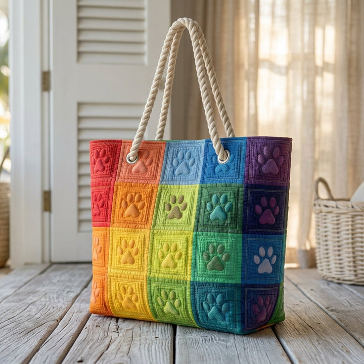 Strandveske - Poteavtrykk i regnbue-patchwork