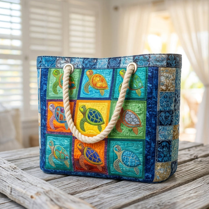 Strandveske - Skilpadde-patchwork i regnbuefarger