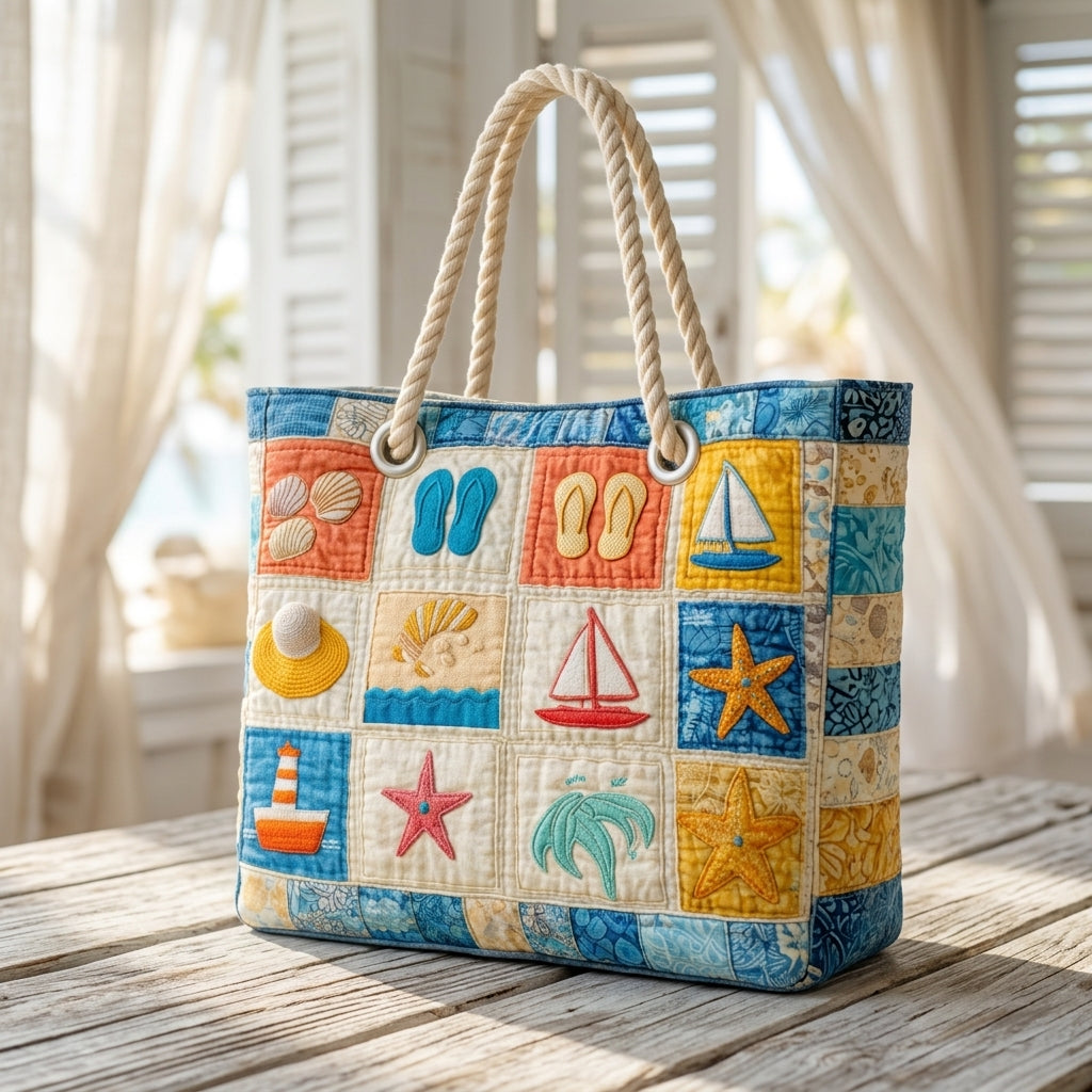 Strandveske - Strandmotiver i solfarger