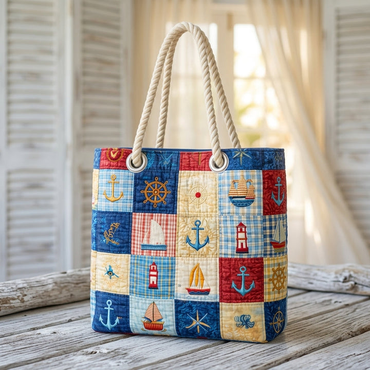 Strandveske - Maritim patchwork i rødt og blått