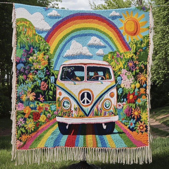 Vevd pledd - Hippiebuss under regnbuen