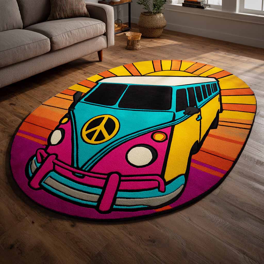 Formteppe - Retro hippiebuss med solhjul