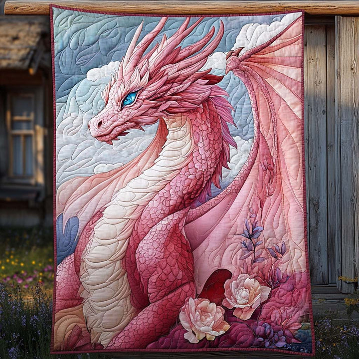 Quiltet pledd - Rosa drage med skinnende skjell