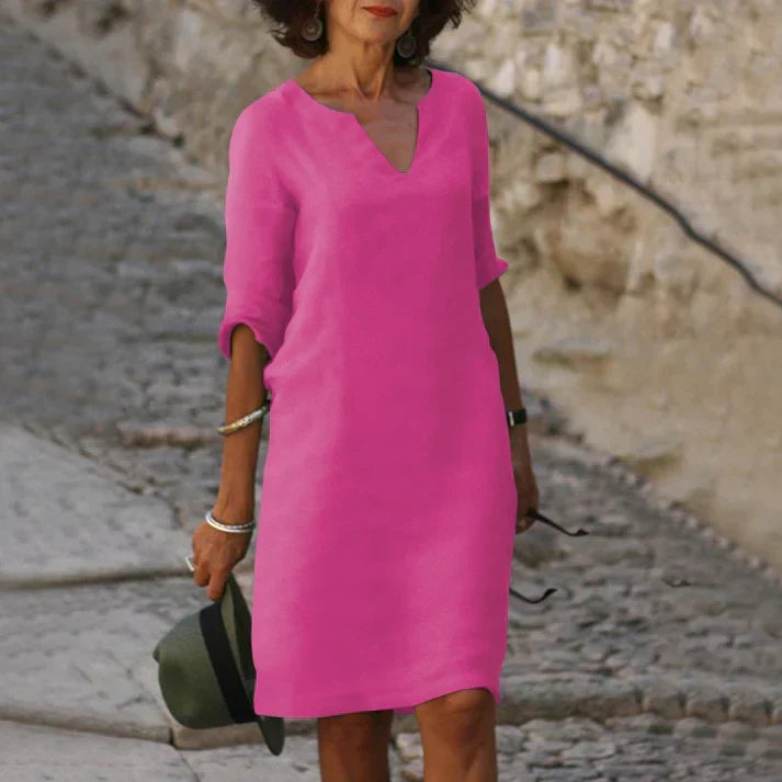 Midikjole med V-hals og korte ermer i linlook for dame – lett og elegant, 14 farger