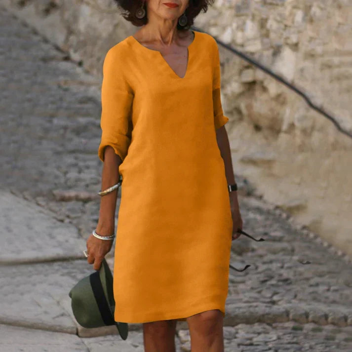 Midikjole med V-hals og korte ermer i linlook for dame – lett og elegant, 14 farger