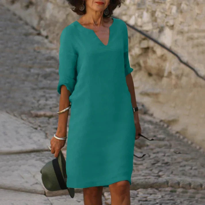 Midikjole med V-hals og korte ermer i linlook for dame – lett og elegant, 14 farger