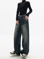 Baggy wide leg jeans med høyt liv for dame – vintage streetwear i ren bomull
