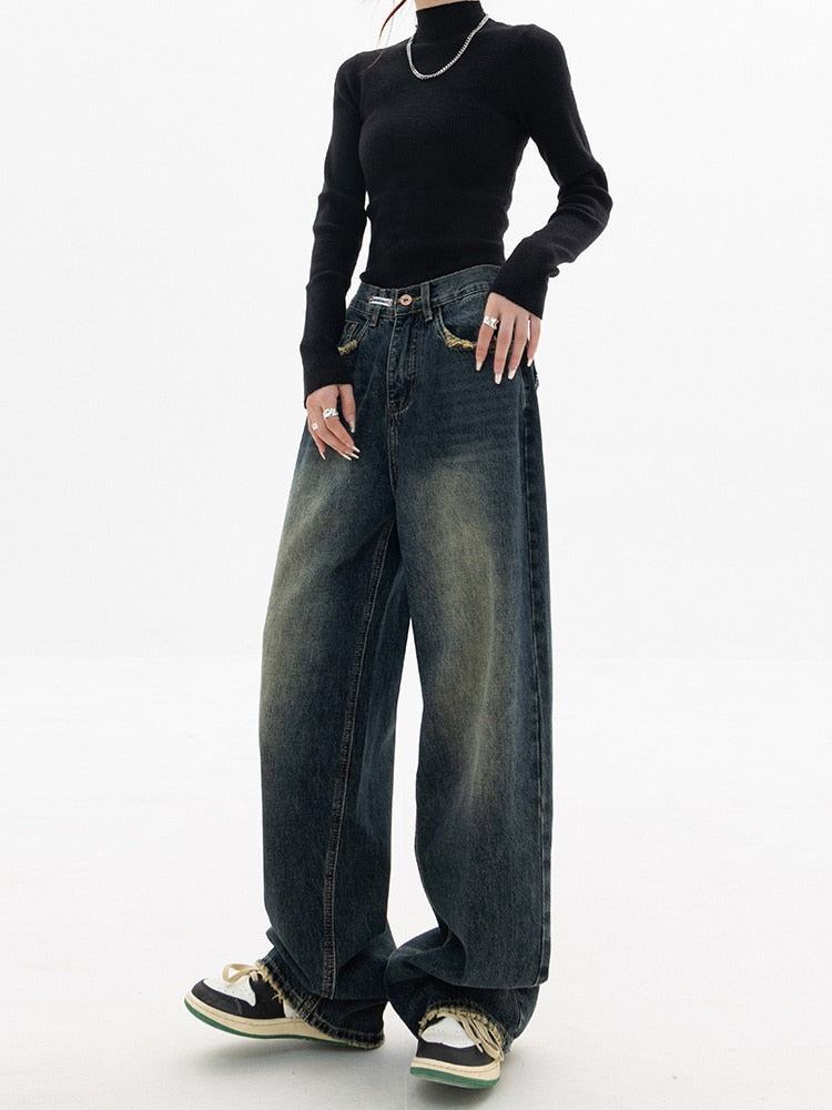 Baggy wide leg jeans med høyt liv for dame – vintage streetwear i ren bomull