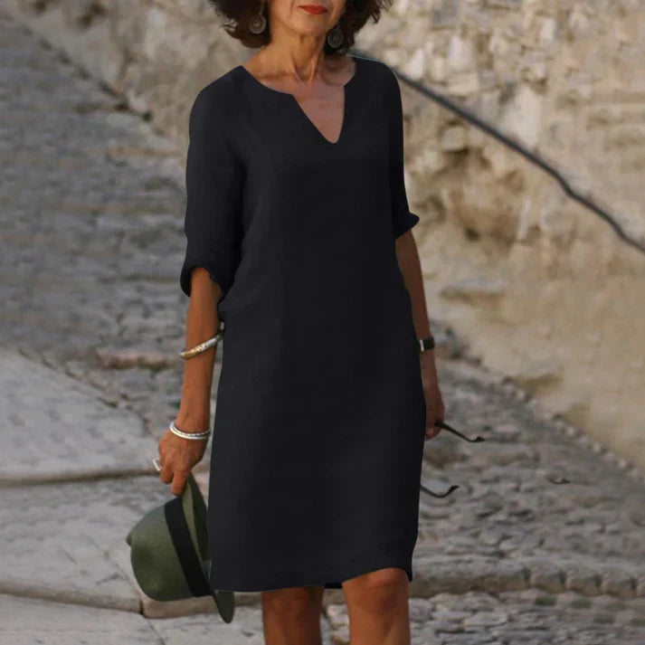 Midikjole med V-hals og korte ermer i linlook for dame – lett og elegant, 14 farger