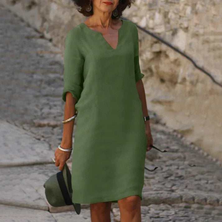 Midikjole med V-hals og korte ermer i linlook for dame – lett og elegant, 14 farger