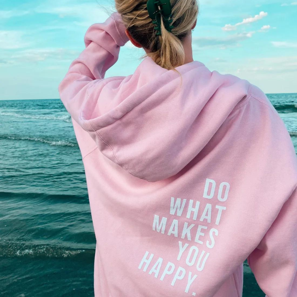 Hettegenser med bokstavtrykk for dame – avslappet hoodie i rosa, blå og svart