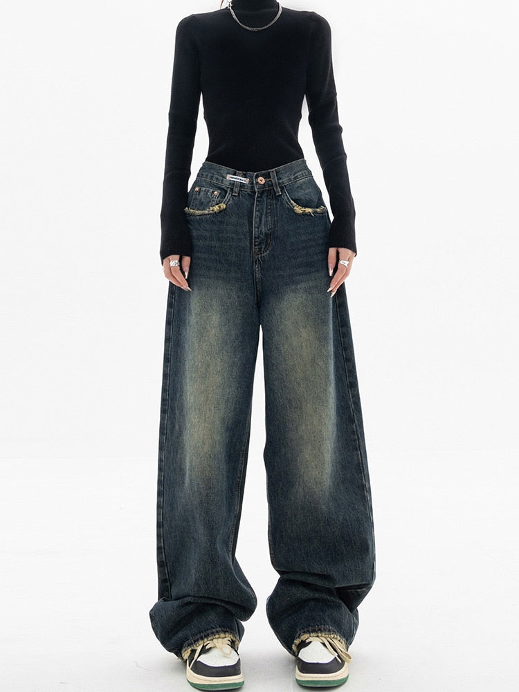 Baggy wide leg jeans med høyt liv for dame – vintage streetwear i ren bomull