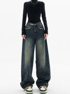 Baggy wide leg jeans med høyt liv for dame – vintage streetwear i ren bomull