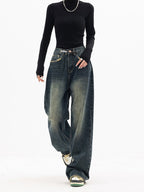 Baggy wide leg jeans med høyt liv for dame – vintage streetwear i ren bomull