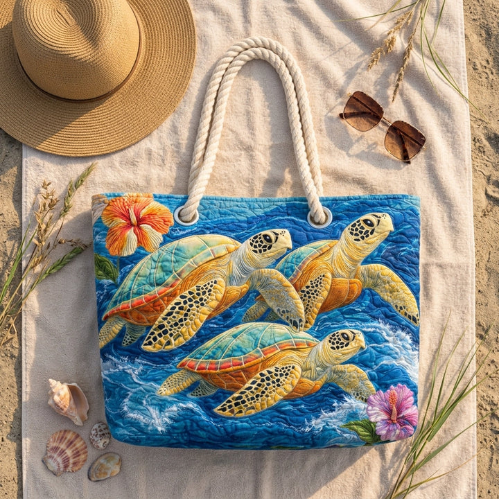 Strandveske - Gullskilpadder med hibiskus