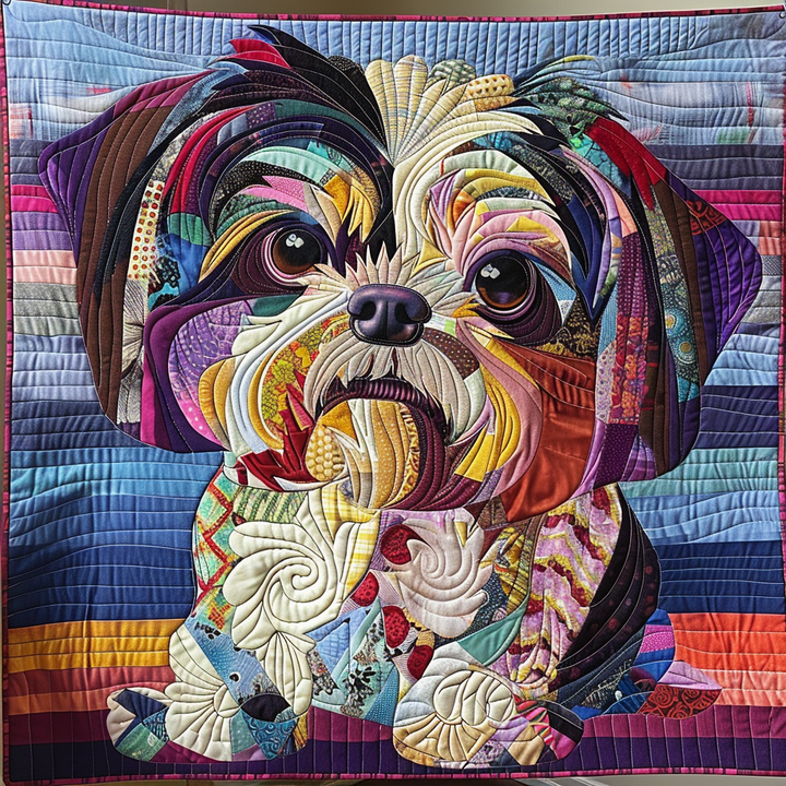 Quiltet pledd - Shih tzu i fargerike striper