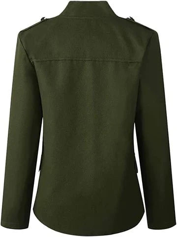 Kort blazer med ståkrage for dame – åpen front og lang knappelist, fem farger