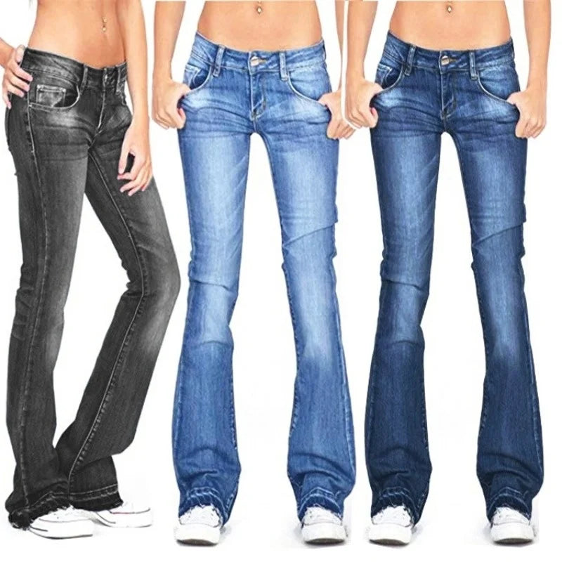 Flare jeans med lavt liv for dame – utsvingt jeans i 70-tallsstil