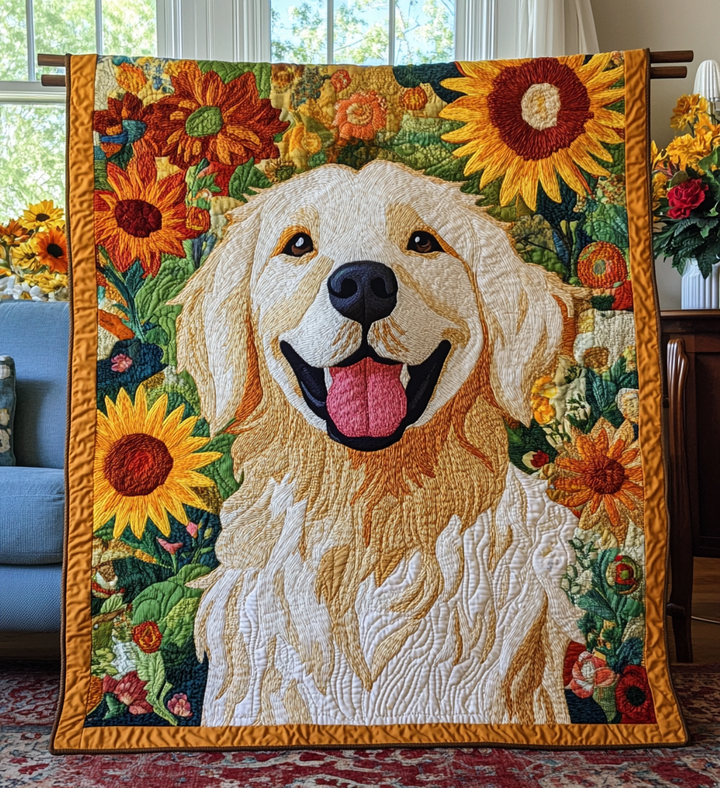Quiltet pledd - Golden retriever med solsikker