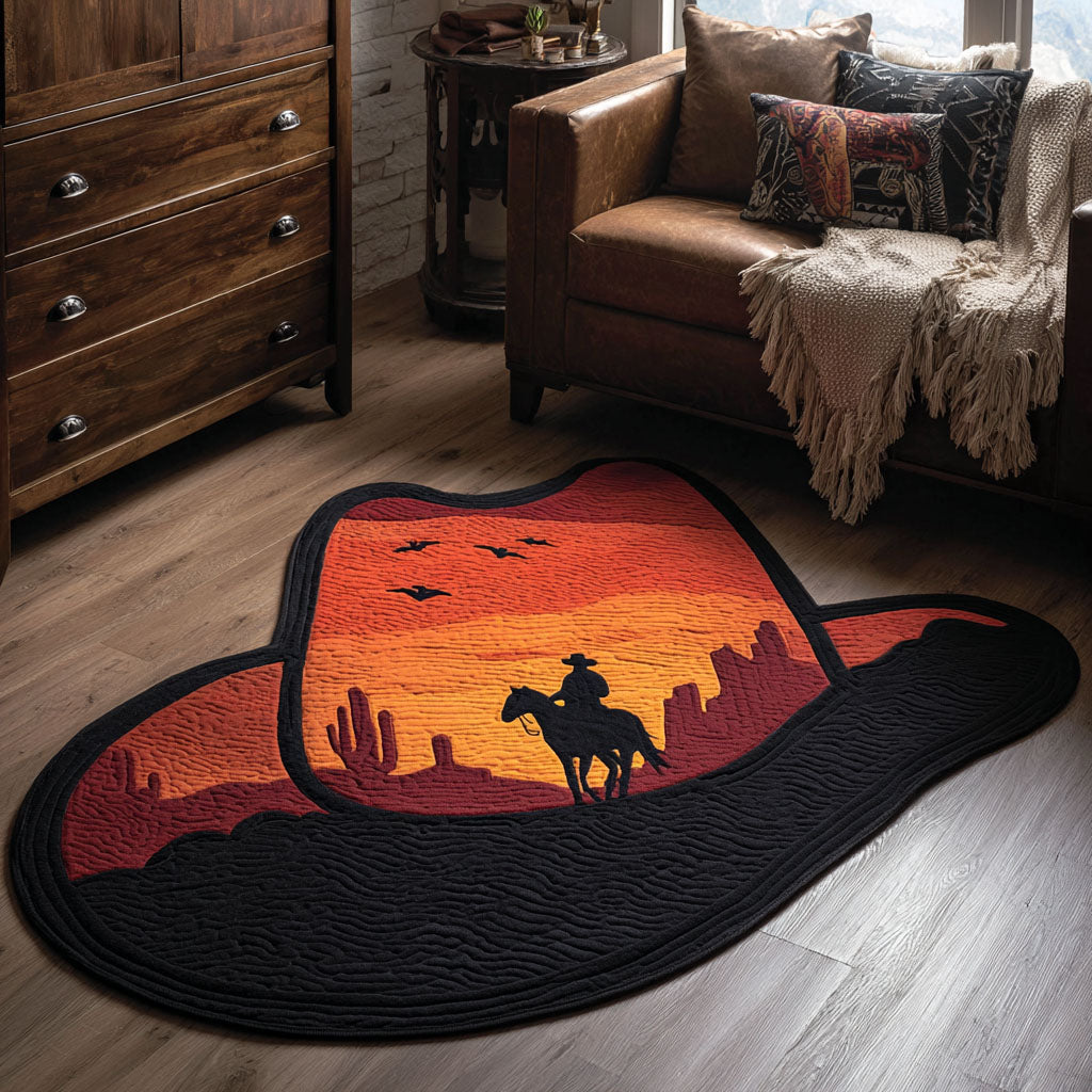 Formteppe - Cowboyhatt med rytter i solnedgang