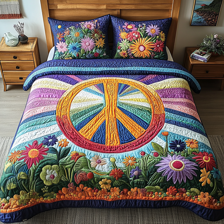 Sengesett 3 deler - Fredssymbol i batikk og blomster
