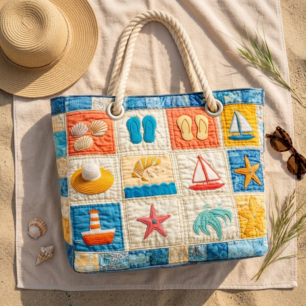 Strandveske - Strandmotiver i solfarger
