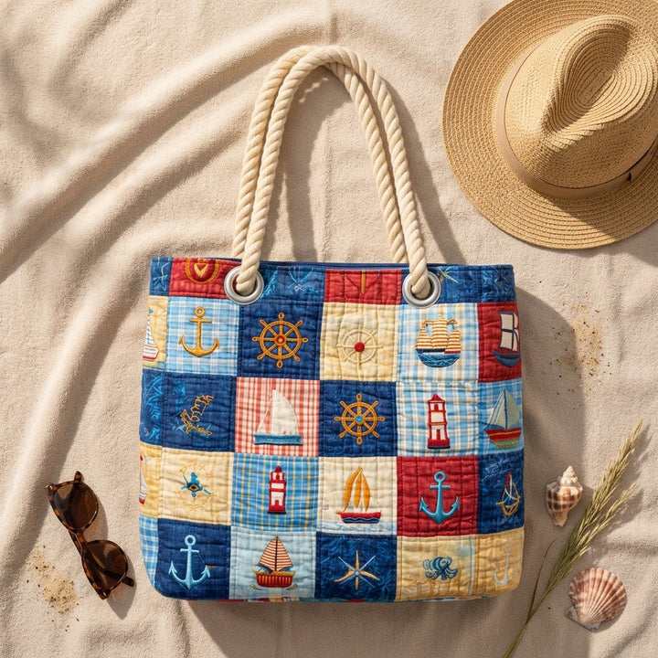 Strandveske - Maritim patchwork i rødt og blått