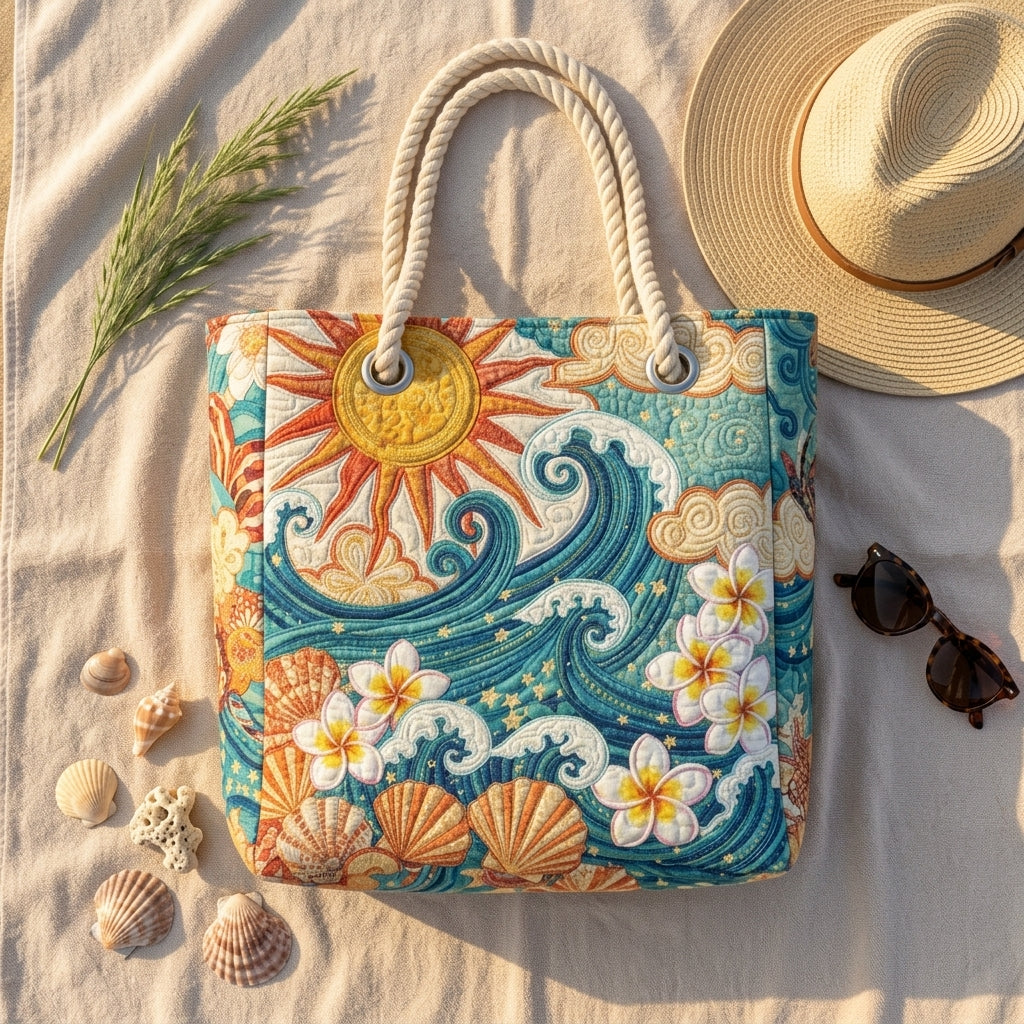 Strandveske - Sol over bølger og blomster