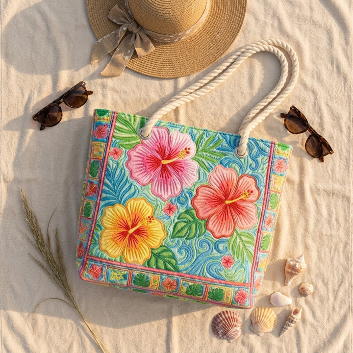 Strandveske - Hibiskusblomster på turkis