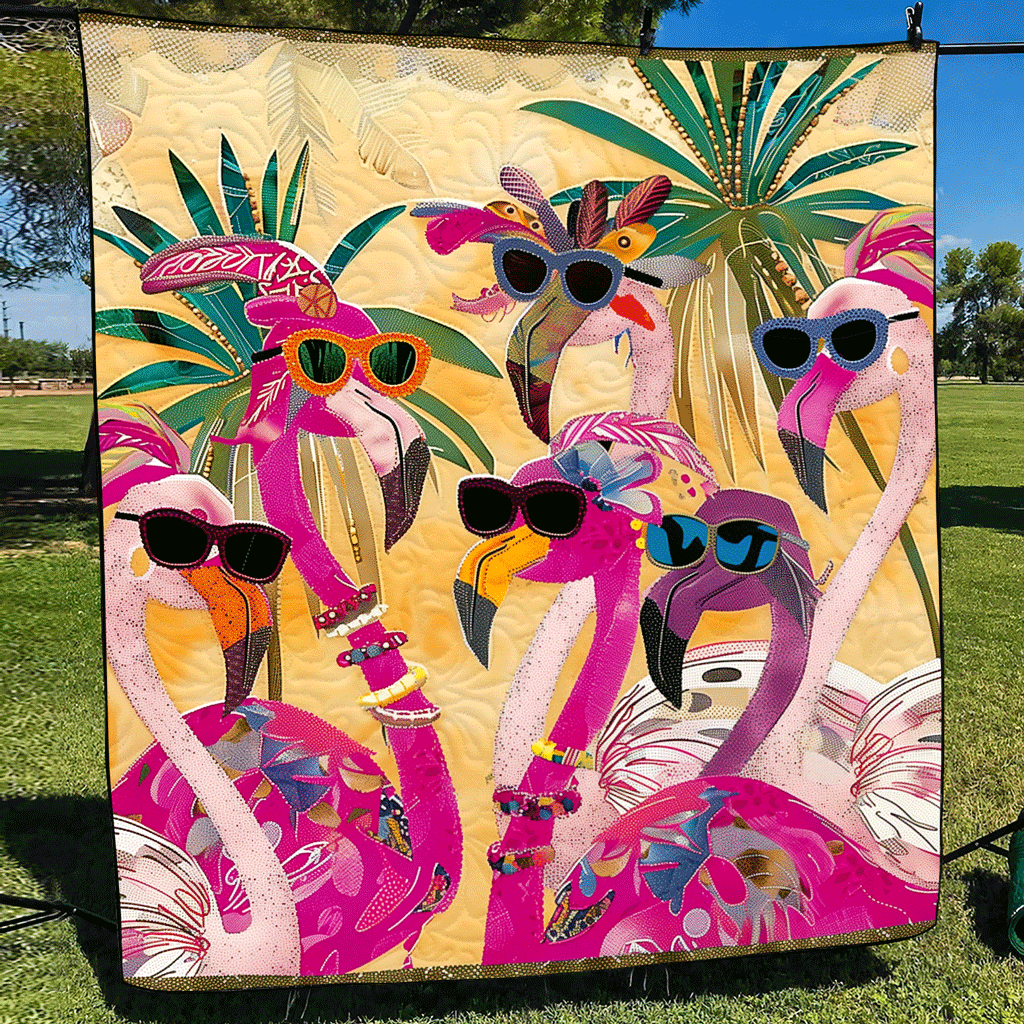 Quiltet pledd - Flamingoer med solbriller