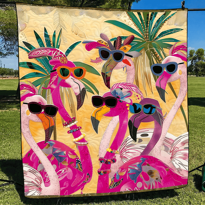 Quiltet pledd - Flamingoer med solbriller