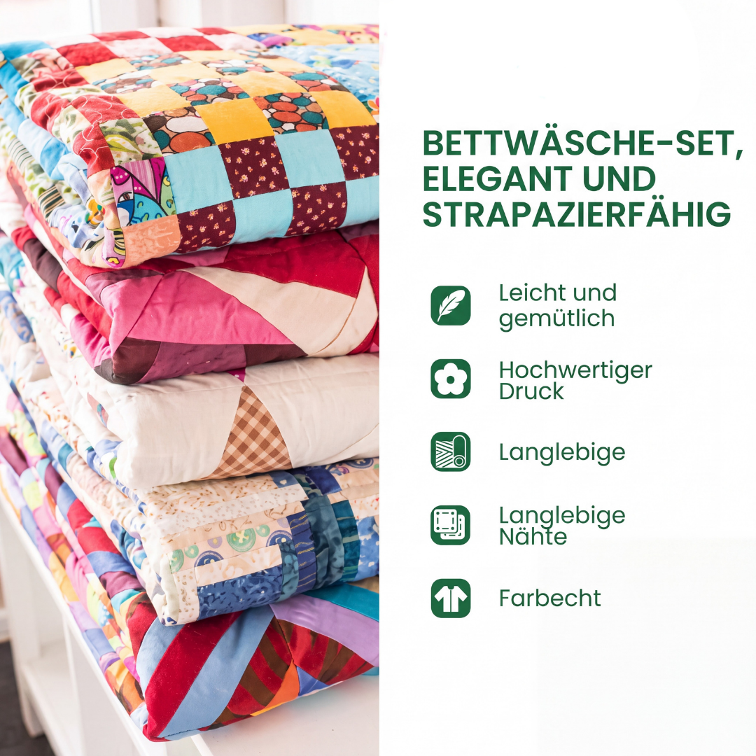 Sengesett 3 deler - Etnisk mønster i turkis og rødt