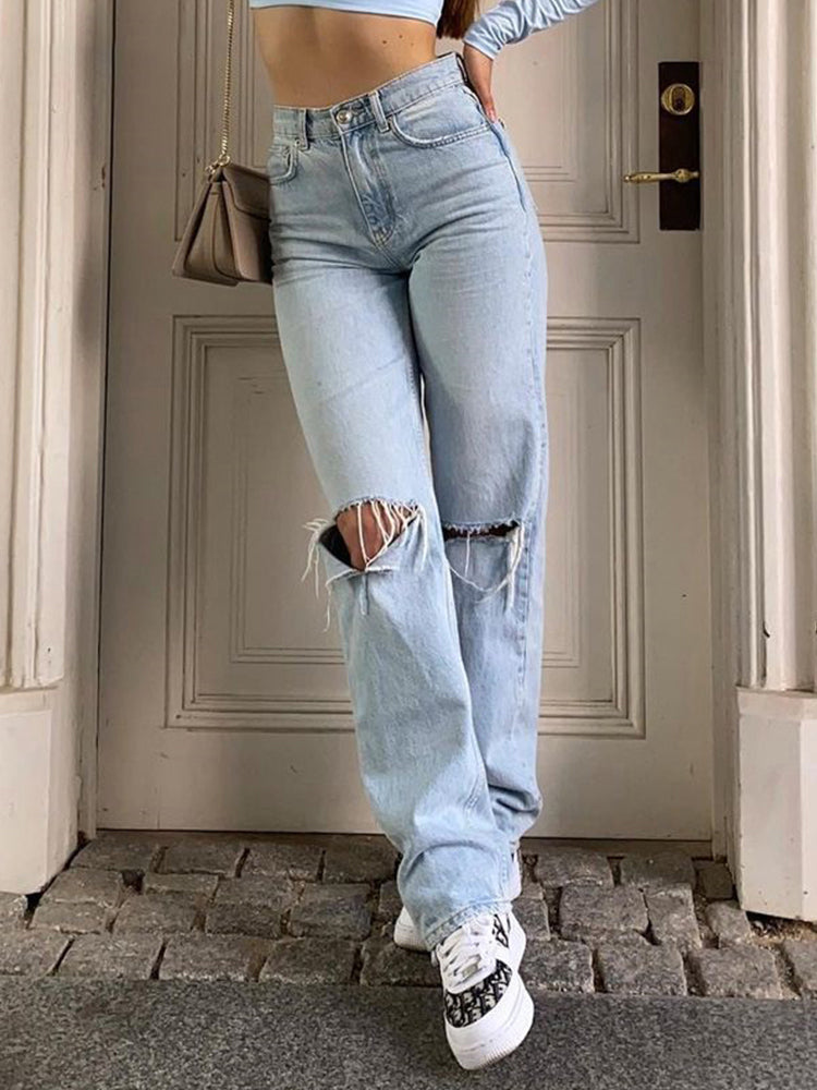 Baggy jeans med høyt liv og vide ben for dame – løs jeans med slitte detaljer