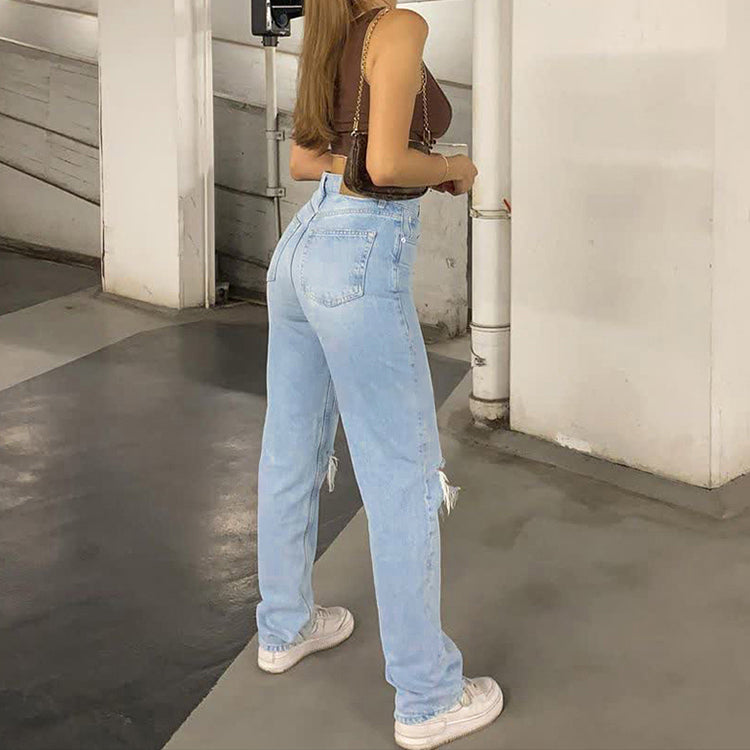 Baggy jeans med høyt liv og vide ben for dame – løs jeans med slitte detaljer